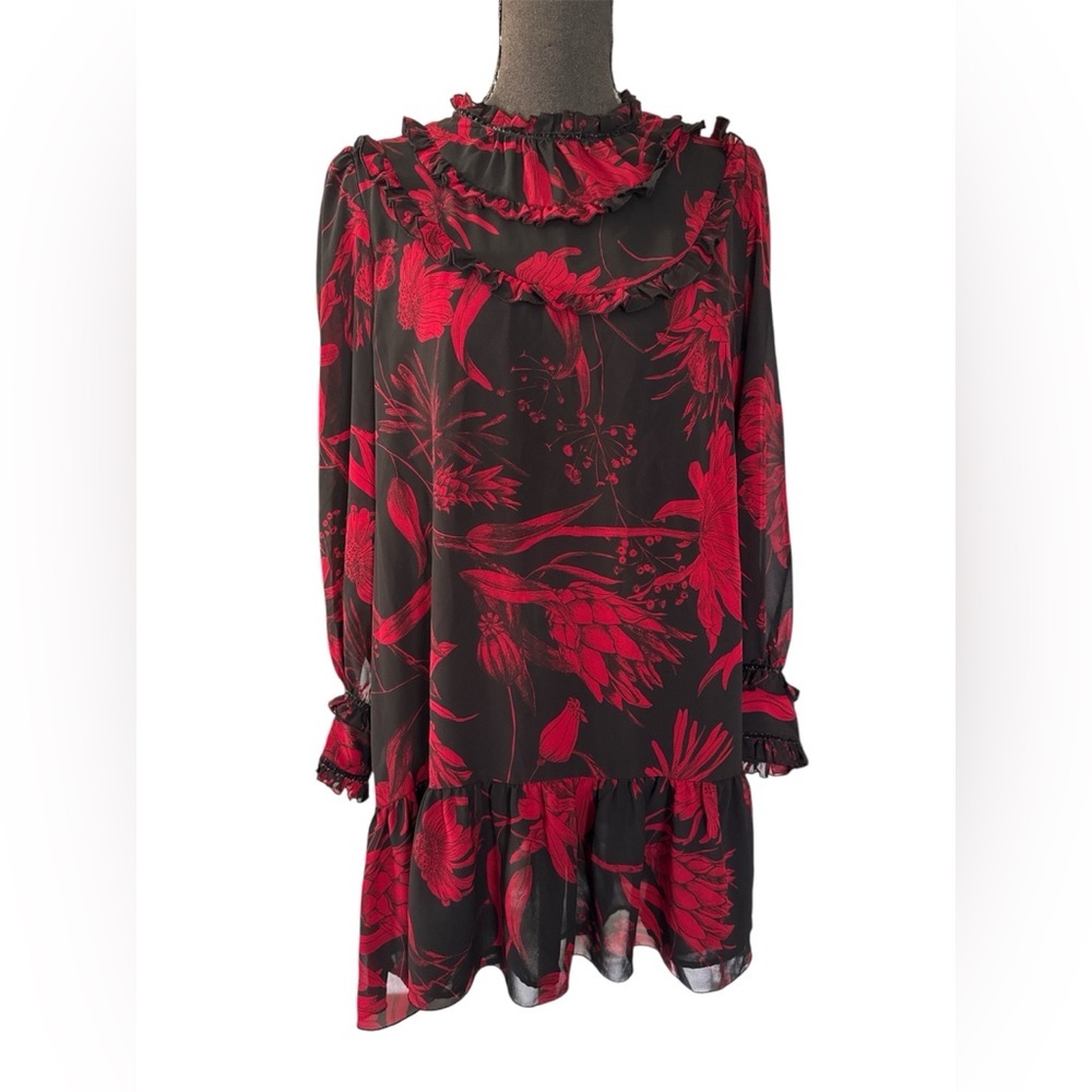 Zara Floral Black and Red Women's Dress, Size L